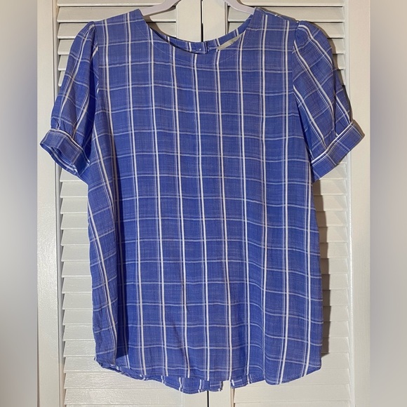 Ann Taylor Loft Blue & White Plaid Blouse, Size Small, Buttons Down the Back - Picture 1 of 6